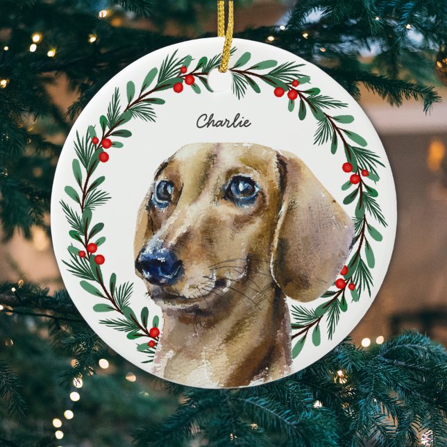 Watercolor Dachshund Personalized Holiday Wreath Ceramic Ornament (Add dog's name or other short text to personalize, or delete if no text required.)