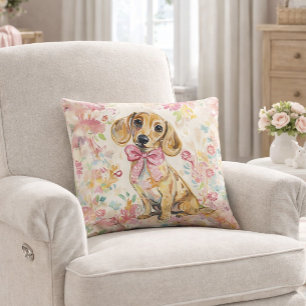 Watercolor Dachshund Pink Bow Pillow