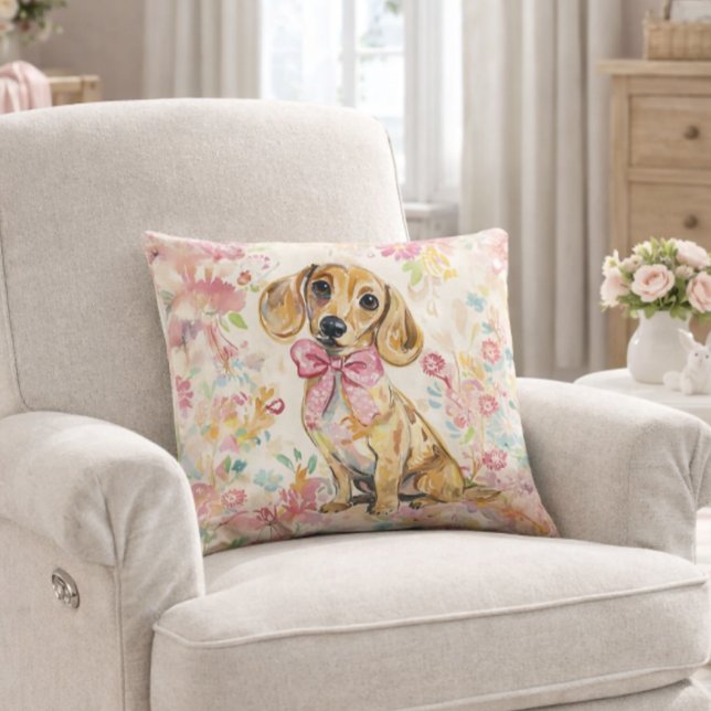 Watercolor Dachshund Pink Bow Pillow (Pink floral watercolor dachshund - nursery, office, home)