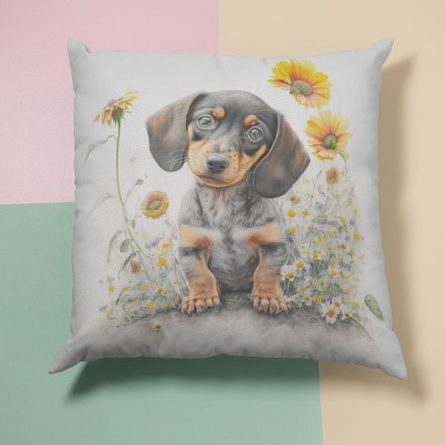 Watercolor Dachshund Puppy Floral Throw Pillow