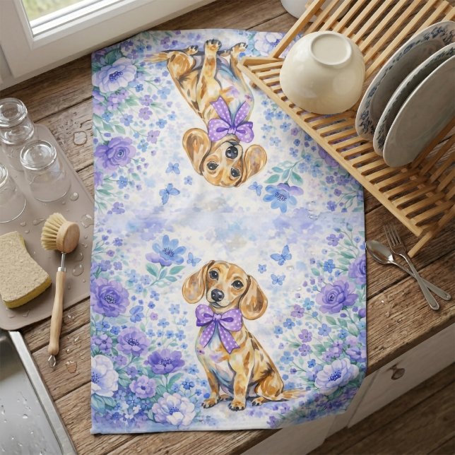Watercolor Dachshund Purple Floral  Kitchen Towel (Watercolor Dachshund Purple Floral Kitchen Towel)
