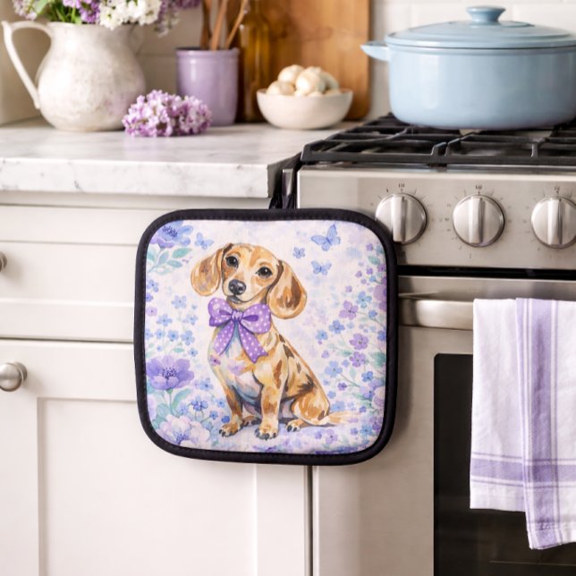 Watercolor Dachshund Purple Floral  Pot Holder (Watercolor Dachshund Purple Floral Pot Holder)