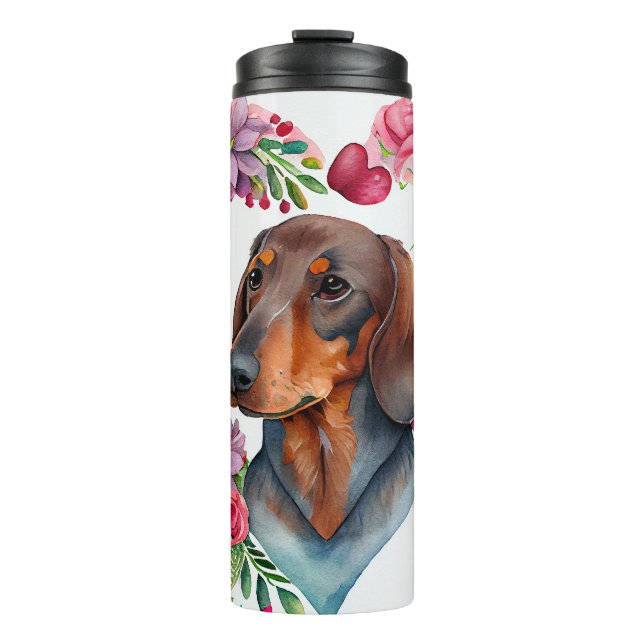 Watercolor Dachshund Surrounded by Colorful Heart- Thermal Tumbler (Front)