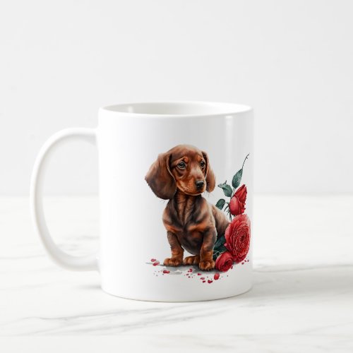 Watercolor Dachshund with Red Roses Coffee Mug