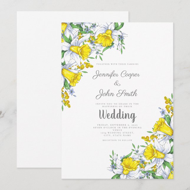 Watercolor Daffodil Floral Wedding  Invitation (Front/Back)