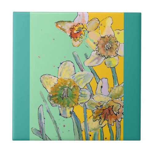 Watercolor Daffodil Flower Floral Aqua Ceramic Tile