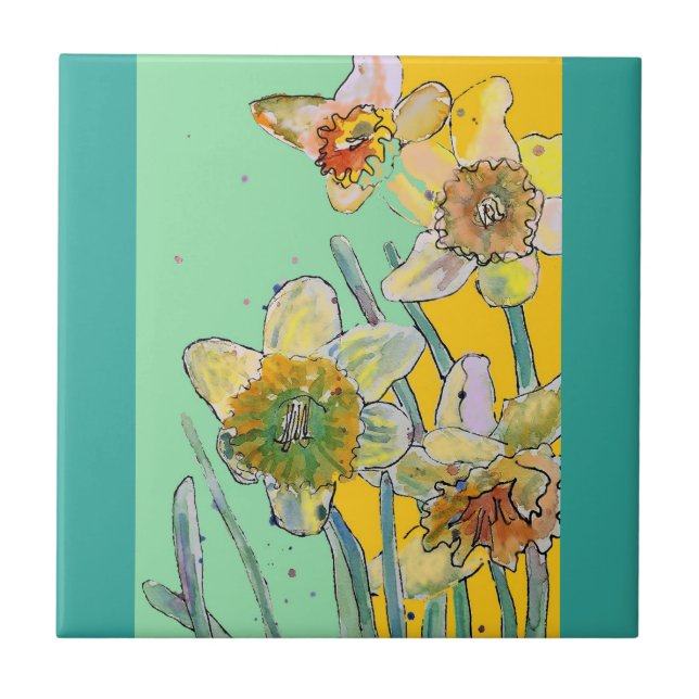 Watercolor Daffodil Flower Floral Aqua Ceramic Tile (Front)
