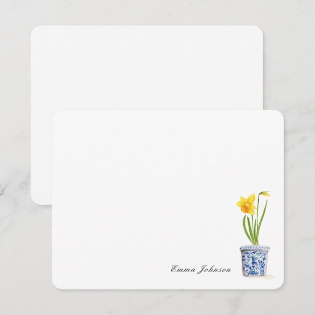 Watercolor Daffodil in blue and white pot Note Card (Front/Back)