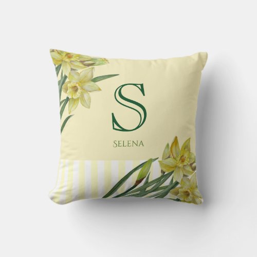 Watercolor Daffodils Flower Floral Art Monogram Throw Pillow