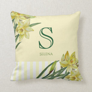 Watercolor Daffodils Flower Floral Art Monogram Throw Pillow
