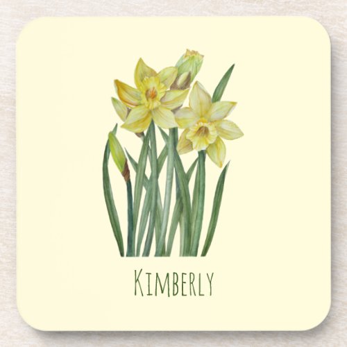 Watercolor Daffodils Flower Portrait Illustration Beverage Coaster