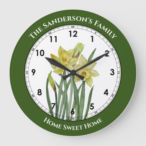 Watercolor Daffodils Flower Portrait Illustration Large Clock