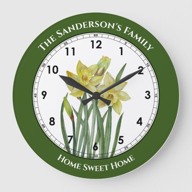 Watercolor Daffodils Flower Portrait Illustration Large Clock (Front)