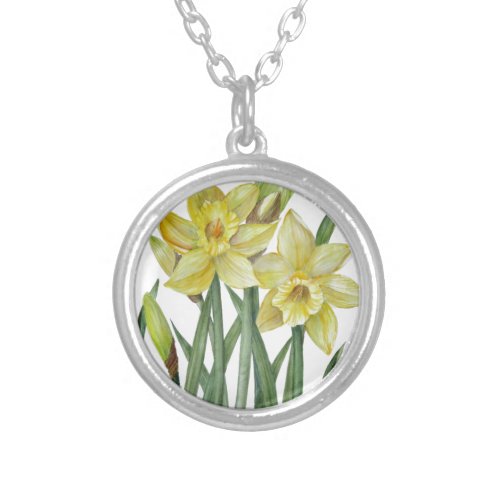 Watercolor Daffodils Flower Portrait Illustration Silver Plated Necklace