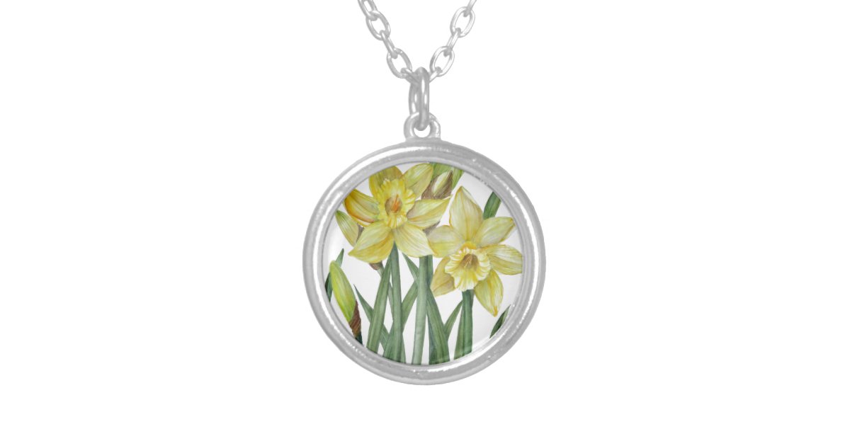 Watercolor Daffodils Flower Portrait Illustration Silver Plated ...