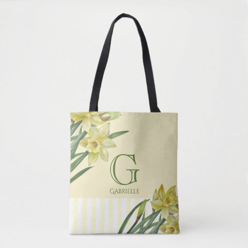 Watercolor Daffodils Flower Portrait Monogram Tote Bag