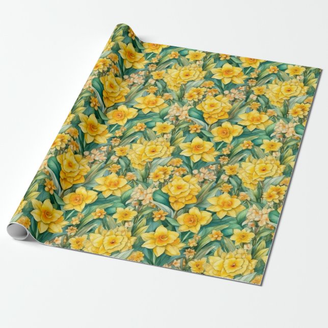 Watercolor Daffodils Wrapping Paper Roll (Unrolled)