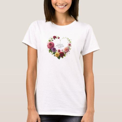 Watercolor dahlia heart floral wreath Mothers Day T_Shirt