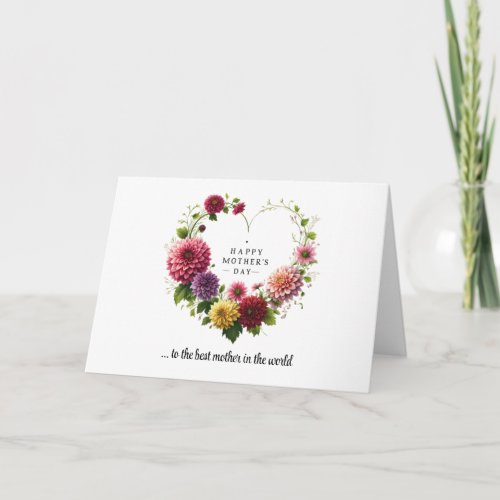 Watercolor dahlia heart spring wreath Mothers Day Card