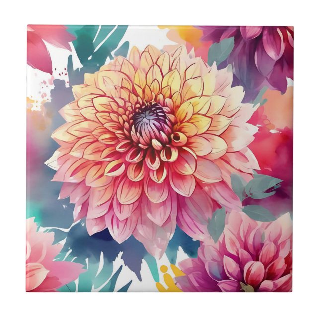 Watercolor Dahlia Summer Ceramic Tile (Front)