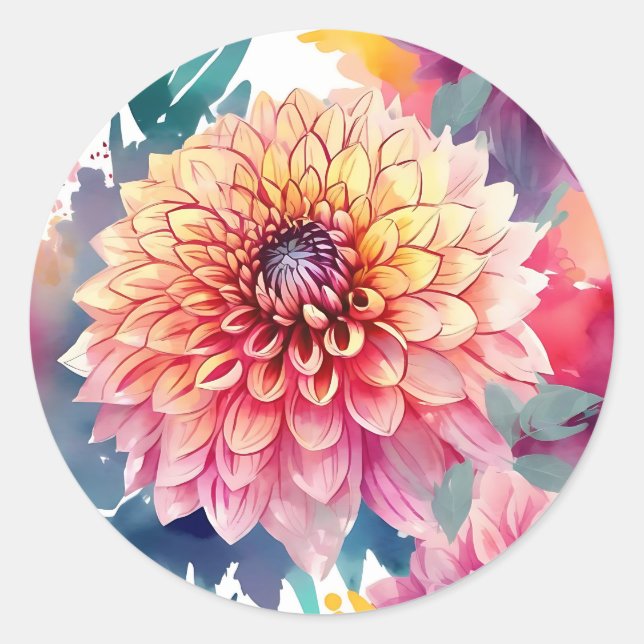 Watercolor Dahlia Summer Classic Round Sticker (Front)