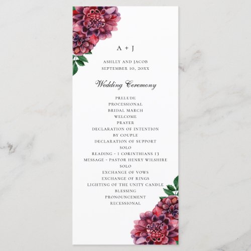 Watercolor dahlias Burgundy wine floral wedding Program