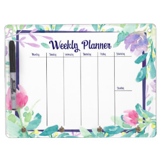 Watercolor Dainty Floral Weekly Planner Dry Erase Board With Keychain Holder