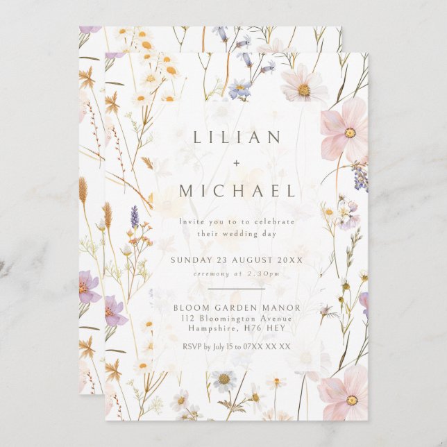Watercolor Dainy Flowers Wedding Invitation (Front/Back)