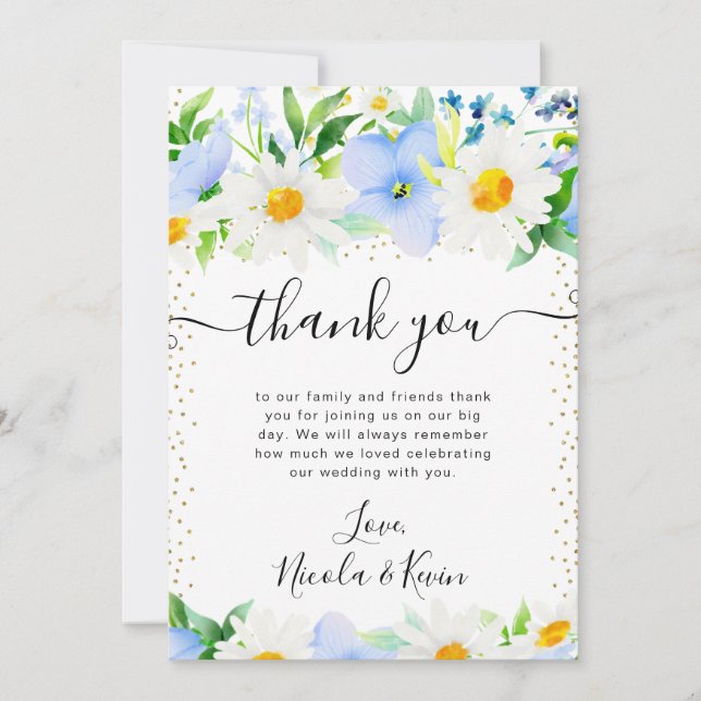 Watercolor Daisies and Blue Flowers Wedding Thank You Card (Front)