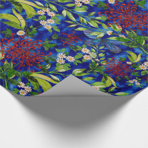 Watercolor Daisies and Butterflies Blue Wrapping Paper