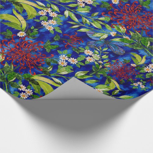 Watercolor Daisies and Butterflies Blue Wrapping Paper