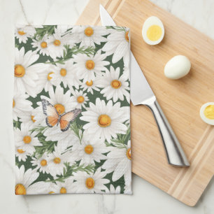 Watercolor Daisies and Monarch Butterflies Kitchen Towel