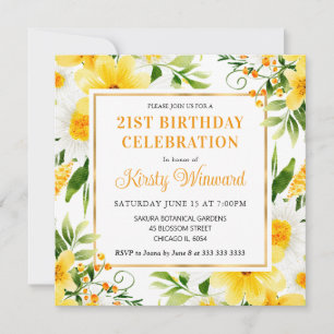 Watercolor Daisies and Yellow Flowers Birthday Invitation