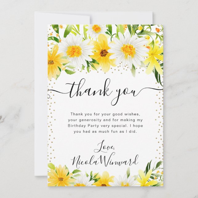 Watercolor Daisies and Yellow Flowers Birthday Thank You Card (Front)