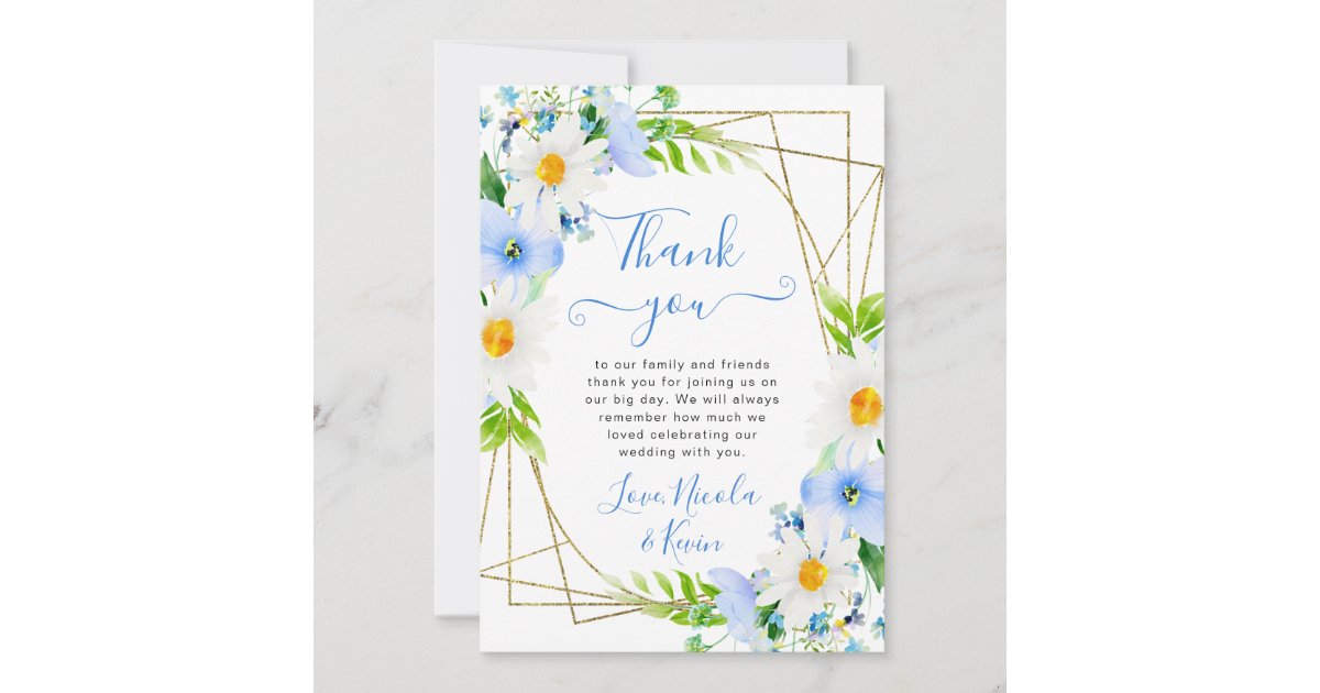 Watercolor Daisies Blue Flowers Frame Wedding Thank You Card | Zazzle