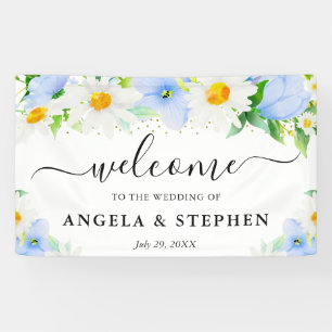 Watercolor Daisies Blue Flowers Wedding Welcome Banner