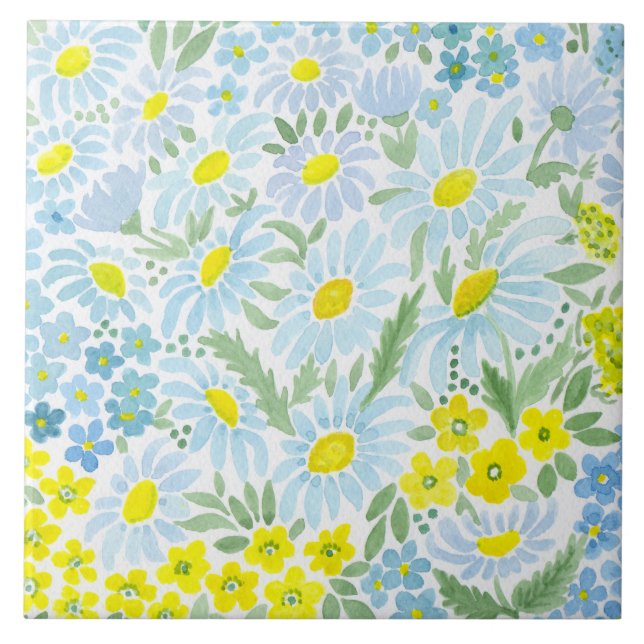 Watercolor daisies ceramic tile (Front)