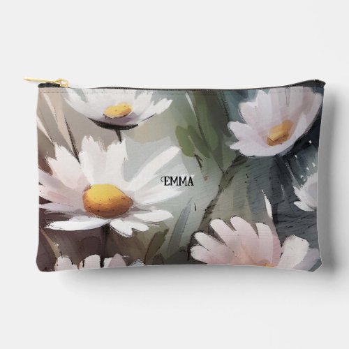 Watercolor Daisies Custom Name Accessory Pouch