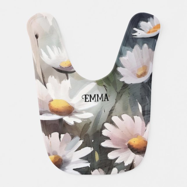 Watercolor Daisies Custom Name Baby Bib (Front)
