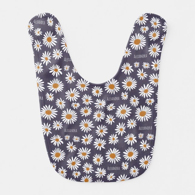 Watercolor Daisies Custom Name Blue Baby Bib (Front)