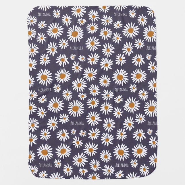 Watercolor Daisies Custom Name Blue Baby Blanket (Front)