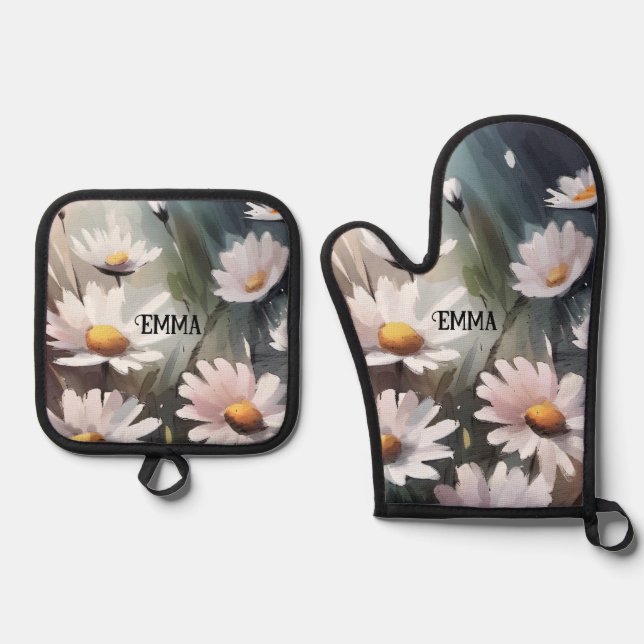 Watercolor Daisies Custom Name Oven Mitt & Pot Holder Set (Front)