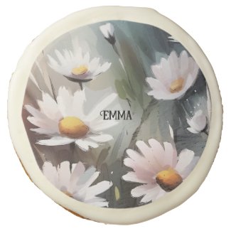 Watercolor Daisies Custom Name Text Sugar Cookies