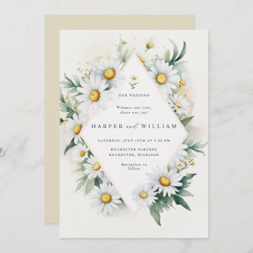 Watercolor daisies diamond wedding invitation