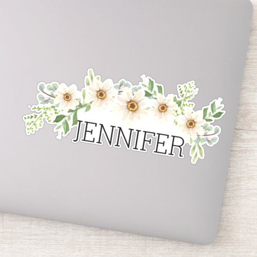 Watercolor Daisies Floral Monogram Name Sticker