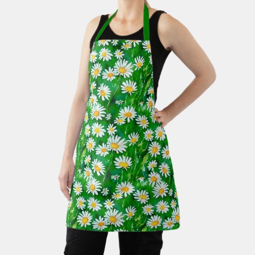 Watercolor Daisies in a Green Field Apron