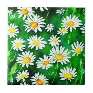 Watercolor Daisies in a Green Field Ceramic Tile