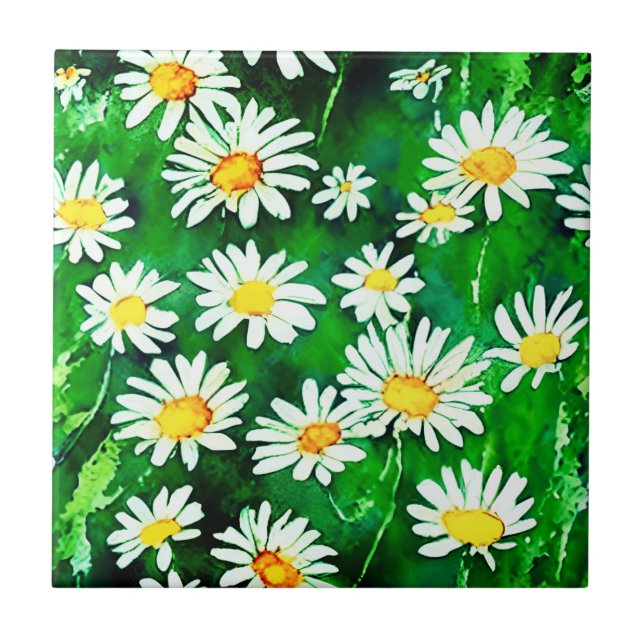 Watercolor Daisies in a Green Field Ceramic Tile (Front)