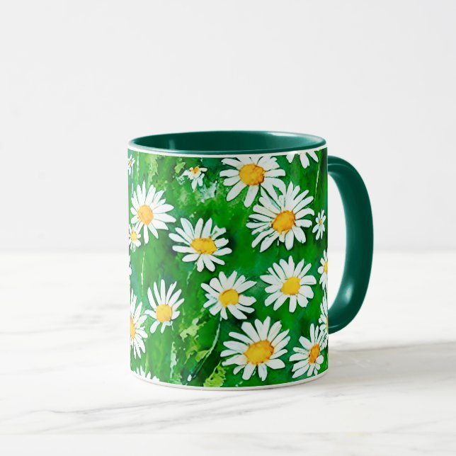 Watercolor Daisies in a Green Field Mug (Front Right)