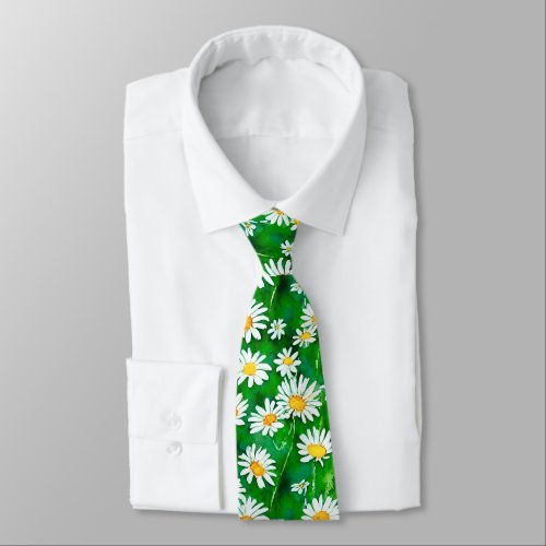 Watercolor Daisies in a Green Field Neck Tie